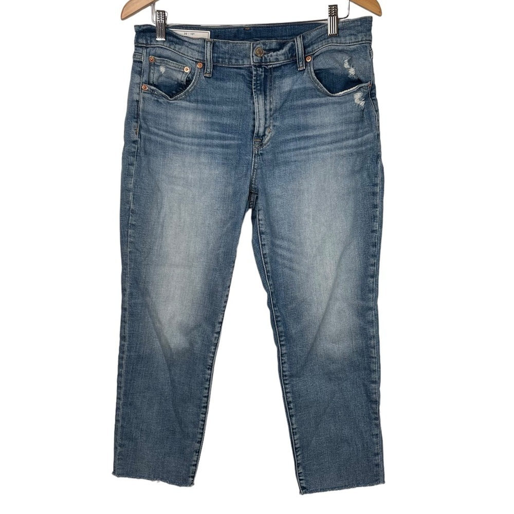 GAP Women Denim Girlfriend Jeans Size 30/10 Blue Medium Wash Mid Rise Distressed
